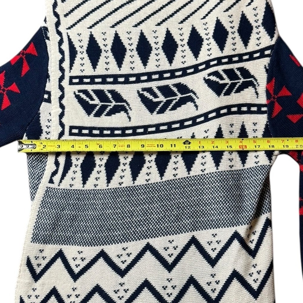 Southwestern Fair Isle Knit Open Front Cardigan Navy Cream Red Geometric Boho - Picture 5 of 8
